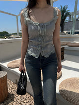 Lace frill front button ribbed sleeveless top (4 colors)