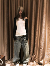 DOUBLE WAIST LOW WIDE DENIM PT