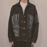 faux leather mix denim shirt_black