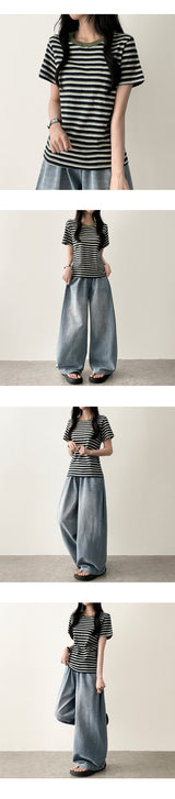 Rize waistbanding サイドピンタックカットデニムウォッシュワイドパンツ