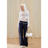 [GirlyFancyClub] カラーブロックダブルウエストストレートカジュアルパンツ Dark Blue