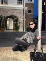 Black fur striped knit cardigan