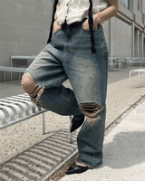 [OOTJ ITEM] ルステッドウィークデストロイドワイドルーズフィットロングデニムパンツ (Denim)