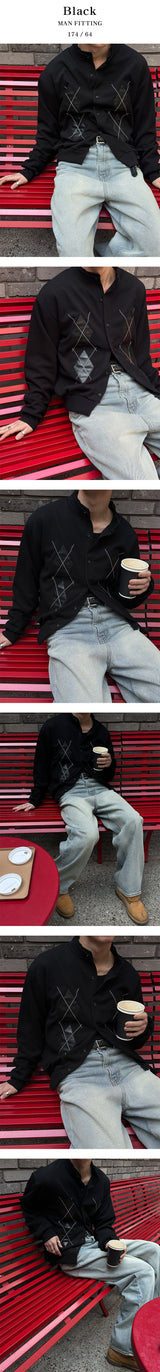 [Unisex] アーガイルパターンハーフネックカーディガン(2color)