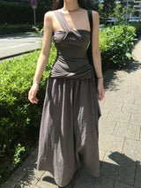 Moodra Drape Shirring Sleeveless Maxi Long Dress