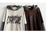 チェミン ストライプ カラーマッチ レイヤード フーディー ロングスリーブTシャツ