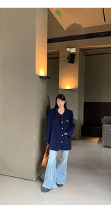Renee Navy No Collar Round Half Coat