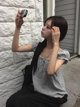 [Scrunch SET ] Unru Puff Shirring Layered Button Blouse