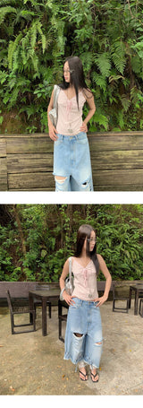 Pink stripe lace-up sleeveless t-shirt