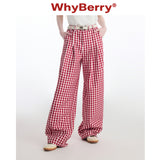 Why Berry 24SS "Sweetheart Formula" カラーブロッキングレトロルーズワイドレッグチェッカーパンツレッドアンドホワイトチェッカーパンツ