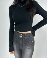 (BODY-SHAPING GUARANTEED🤍🖤) TWO-BUTTON ELASTIC WAIST BLACK WASH BOOTCUT 🤍🖤 SEMI-WIDE DENIM PANTS