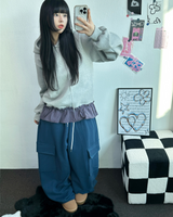 フリースピカブルー❤ベーシックワイドカーゴバルーンロングパンツ💚💙🖤🩶🤍5カラー