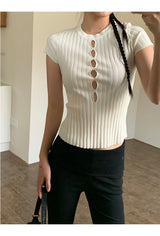 Hollow slit slim ribbed short sleeve tee