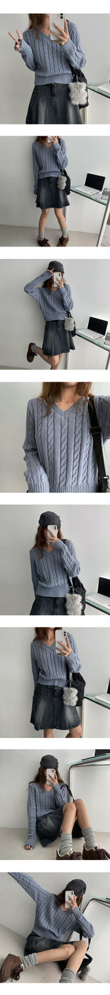 [Choose round neck/V-neck!] ベルモントムセミクロップケーブルニット (8 colors)