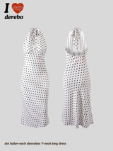 dot halter-neck sleeveless V-neck long dress