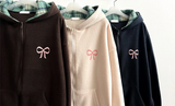 Check lining ribbon fleece hooded zip-up