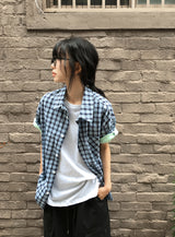 [unisex] Blanc Loose Fit Sleeve Color Matching Button Roll-Up Short Sleeve T-shirt