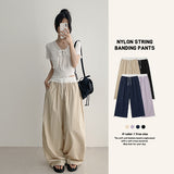 Lavender💜 Waist color-contrast nylon slacks wide pants (4 colors) #CrinklePants