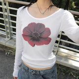 キービングシースルーUネックコスモスフラワー長袖Tシャツ