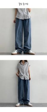 [Short, Basic, Long] [S–3XL] [Summer Long Pants!] Back-banding Purin Semi-Wide Pin Tuck Denim Pants