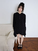 FLOWER WAFFLE BUTTON HOODIE - BLACK