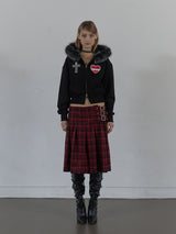 FUR TRIMMING HOODED ZIP-UP / BLACK