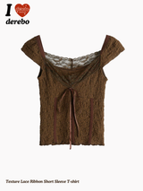 Texture Lace Ribbon Short Sleeve T-shirt