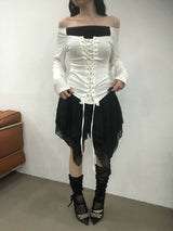 リボンコルセットオフショルダーTシャツ