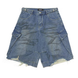 Dirty wide bermuda pants_Denim blue