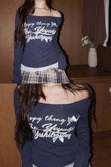 ネイビーレタリングレースロングスリーブTシャツ