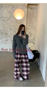 Cotton Check Casual Wide Pants