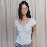 C V-NECK LACE SHIRRING TOP_LIGHT BLUE