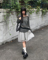 Luri Stripe Color Banding Chiffon Double Midi Flared Skirt