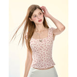 [GirlyFancyClub]U Vネック スリムフィット レオパードプリント ショートスリーブ Tシャツ