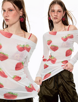 インストック 🍓ボートネックストロベリープリントミニボディコンドレスオアトップ