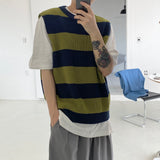 Stripe round neck knit vest 2C