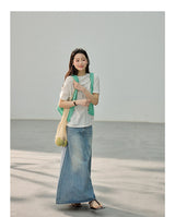 Minimal Vintage Washing Embroidered Denim Pencil Skirt