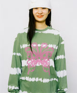 バタフライストライプ長袖Tシャツ - グリーン/ホワイト