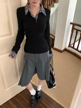Checkered Shirt Layered Black Long-Sleeved T-Shirt