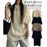 Lomon Cable Henry Neck Twisted Short Sleeve Knitwear
