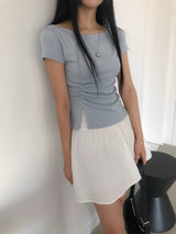 ビネンウィメンズボートネックシャードスリット半袖Tシャツ
