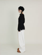 ラバーVネックダメージカットポイント長袖ニット (wool material)