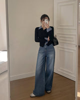Fleece wide denim pants