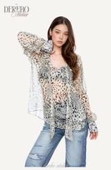 Leopard see-through frill blouse