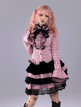 EVILTOOTH Eliza Heart Pink and Black Plaid Ruffle Collar Shirt with Embroidered Bow and Slim Flared Sleeves