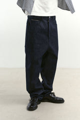 ナチュラルハイウェストバギーフィットデニムパンツ (Navy)