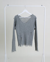 ラバーVネックダメージカットポイント長袖ニット (wool material)