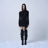 OFF SHOULDER SHIRRING CUT-OUT TOP (BLACK)