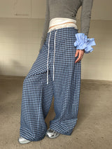 Blue Check Wide Casual Pants
