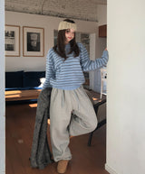 Clo Hairy Stripe Henley Neck Knit